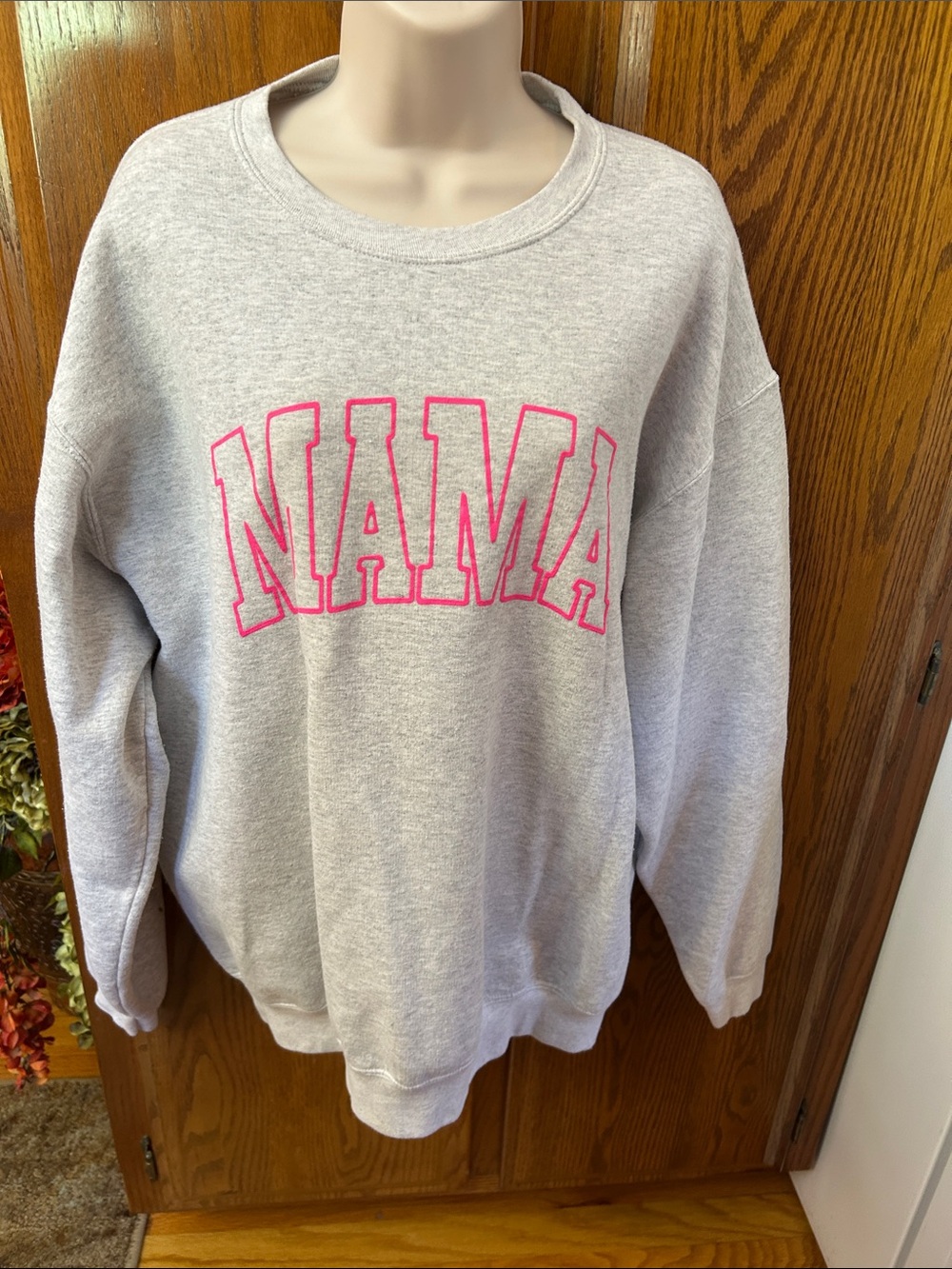 Port and Company Heather Gray Crewneck with Hot Pink NANA Lettering